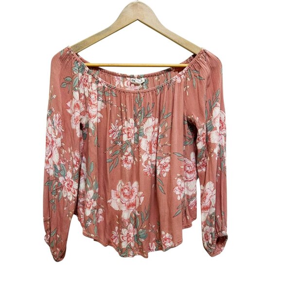 Billabong Neutral Cabbage Rose Floral Off Shoulder Crop Flowy Top Size M - Picture 1 of 4